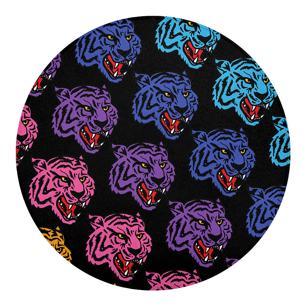 Colorful Tiger Head Pattern Print Round Blanket