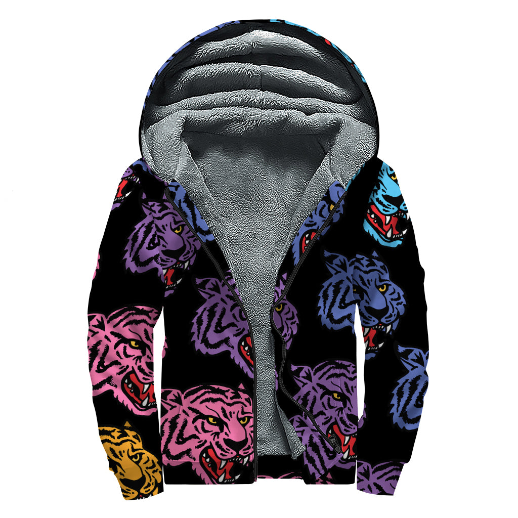 Colorful Tiger Head Pattern Print Sherpa Lined Zip Up Hoodie