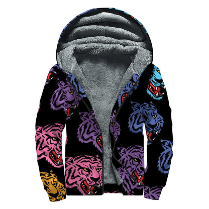 Colorful Tiger Head Pattern Print Sherpa Lined Zip Up Hoodie