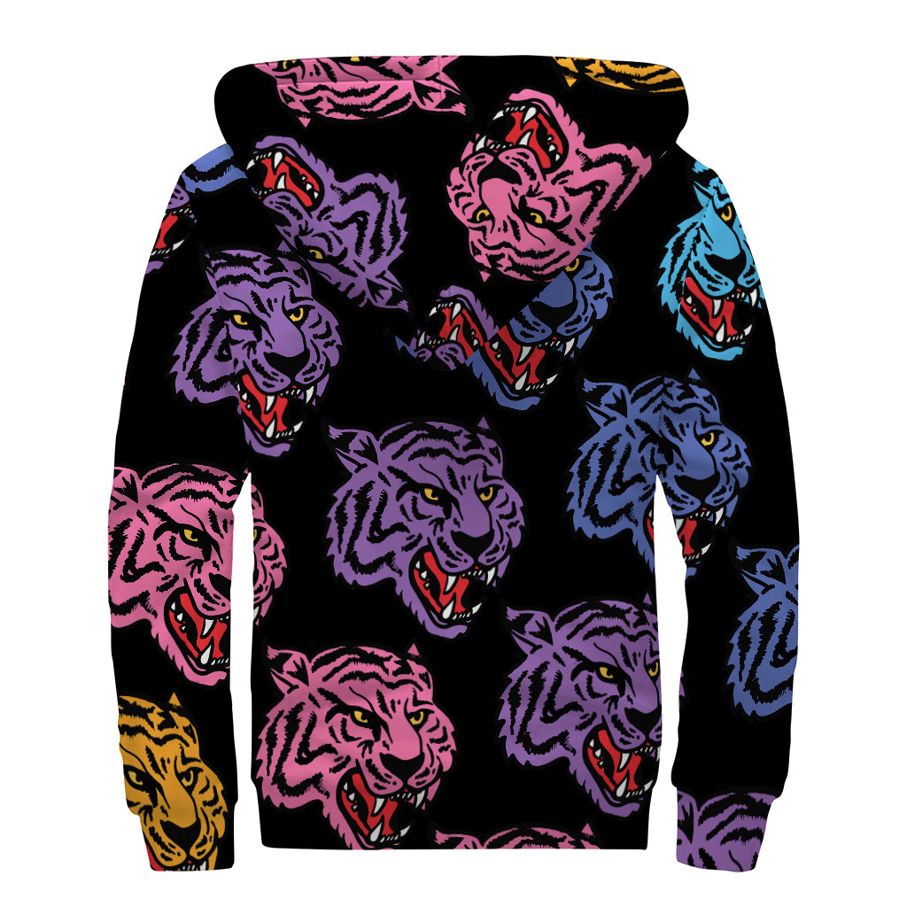 Colorful Tiger Head Pattern Print Sherpa Lined Zip Up Hoodie