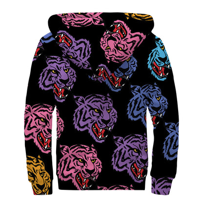 Colorful Tiger Head Pattern Print Sherpa Lined Zip Up Hoodie
