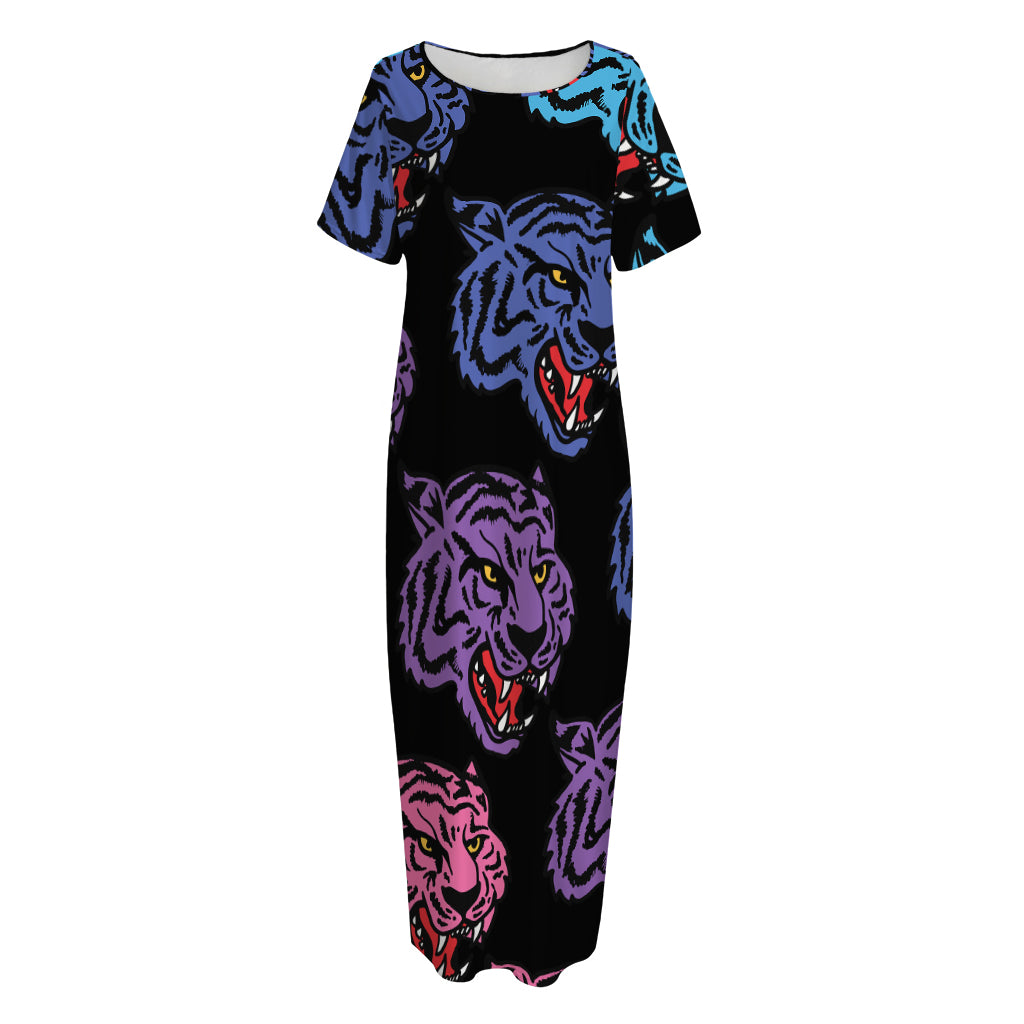 Colorful Tiger Head Pattern Print Short Sleeve Long Nightdress