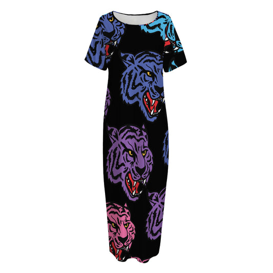 Colorful Tiger Head Pattern Print Short Sleeve Long Nightdress
