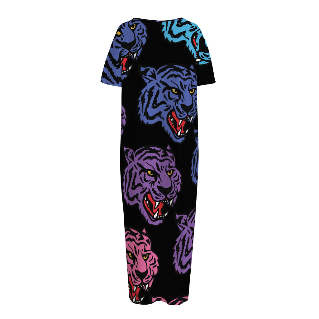 Colorful Tiger Head Pattern Print Short Sleeve Long Nightdress
