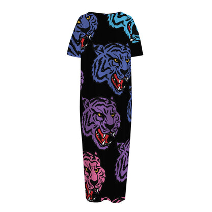 Colorful Tiger Head Pattern Print Short Sleeve Long Nightdress