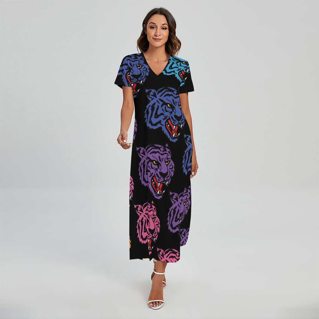 Colorful Tiger Head Pattern Print Short Sleeve Maxi Dress