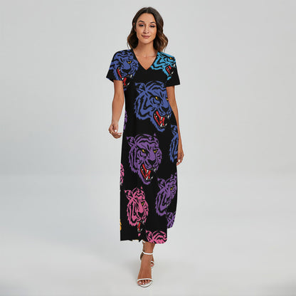 Colorful Tiger Head Pattern Print Short Sleeve Maxi Dress