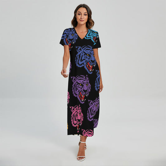 Colorful Tiger Head Pattern Print Short Sleeve Maxi Dress
