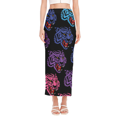Colorful Tiger Head Pattern Print Side Slit Maxi Skirt