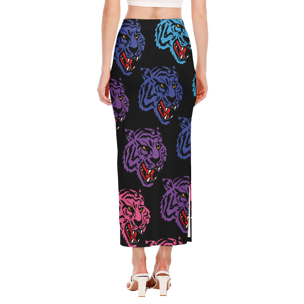 Colorful Tiger Head Pattern Print Side Slit Maxi Skirt