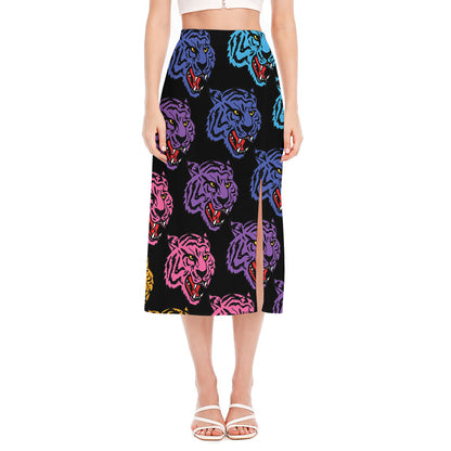 Colorful Tiger Head Pattern Print Side Slit Midi Skirt