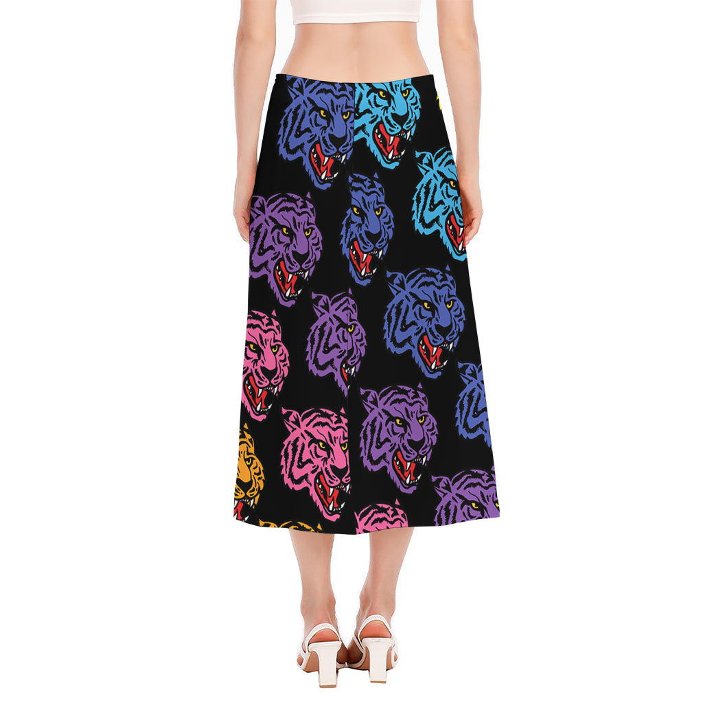Colorful Tiger Head Pattern Print Side Slit Midi Skirt