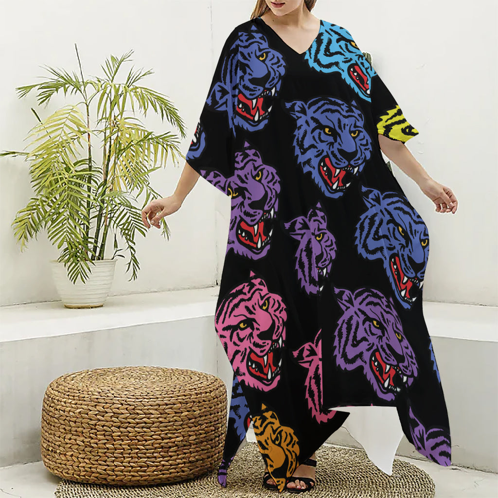Colorful Tiger Head Pattern Print Silk V-Neck Kaftan Dress
