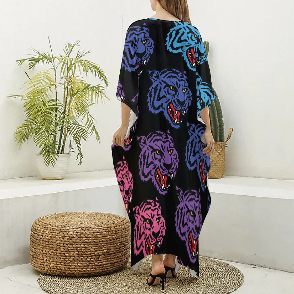 Colorful Tiger Head Pattern Print Silk V-Neck Kaftan Dress