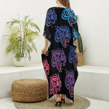 Colorful Tiger Head Pattern Print Silk V-Neck Kaftan Dress