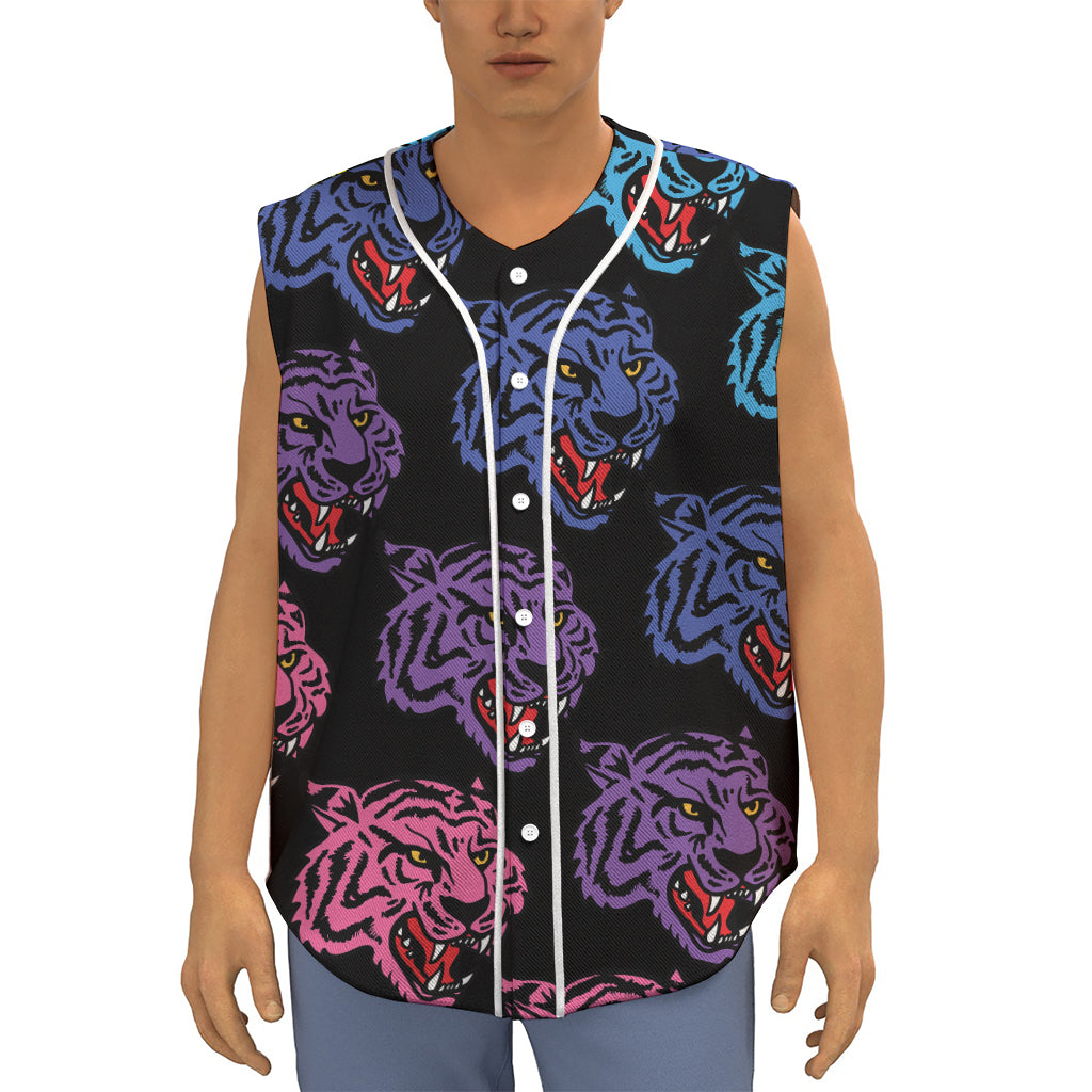 Colorful Tiger Head Pattern Print Sleeveless Baseball Jersey