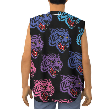 Colorful Tiger Head Pattern Print Sleeveless Baseball Jersey