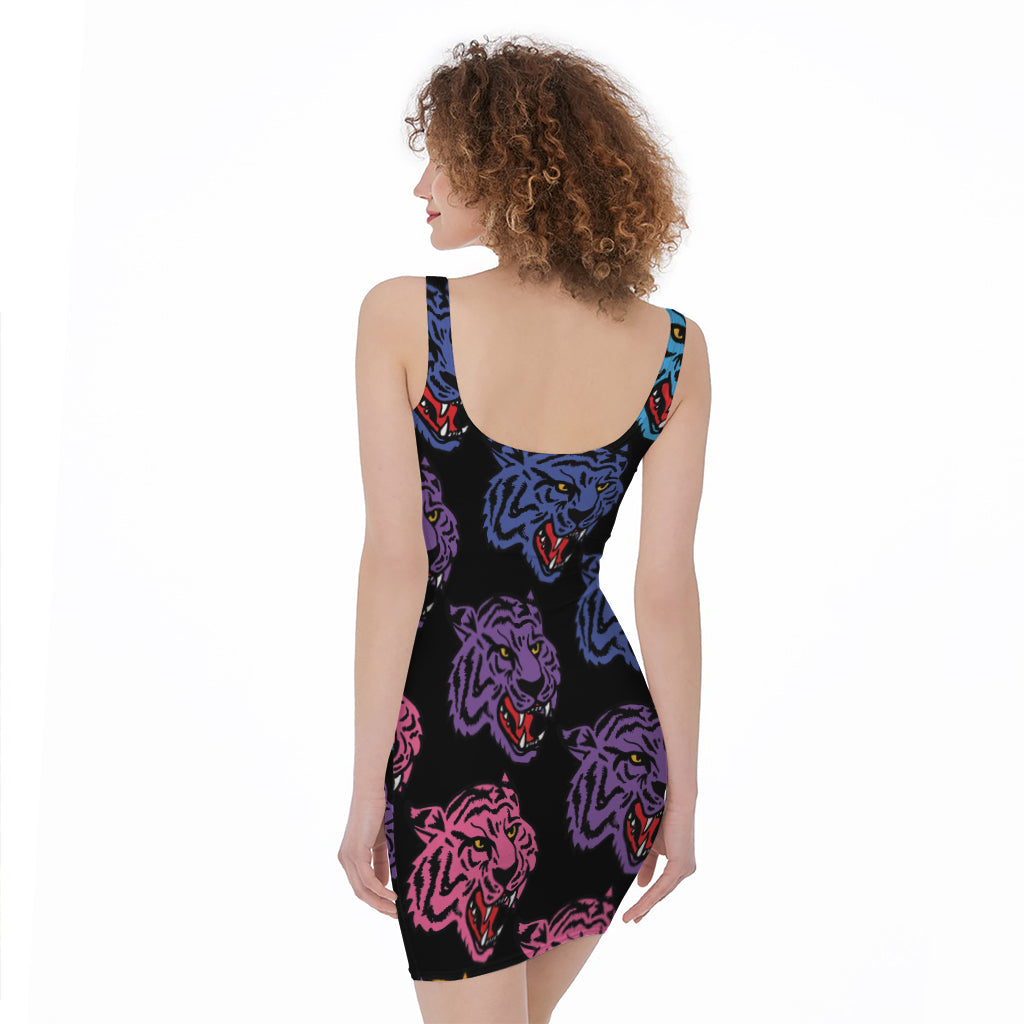 Colorful Tiger Head Pattern Print Sleeveless Bodycon Dress