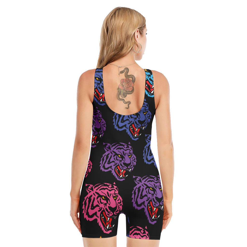 Colorful Tiger Head Pattern Print Sleeveless One Piece Swimsuit