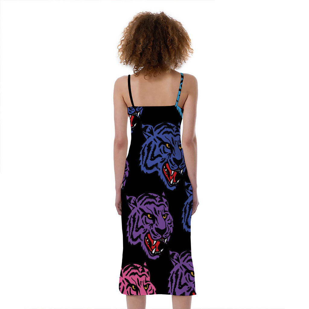 Colorful Tiger Head Pattern Print Slim Fit Midi Cami Dress