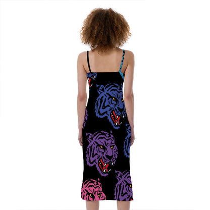 Colorful Tiger Head Pattern Print Slim Fit Midi Cami Dress