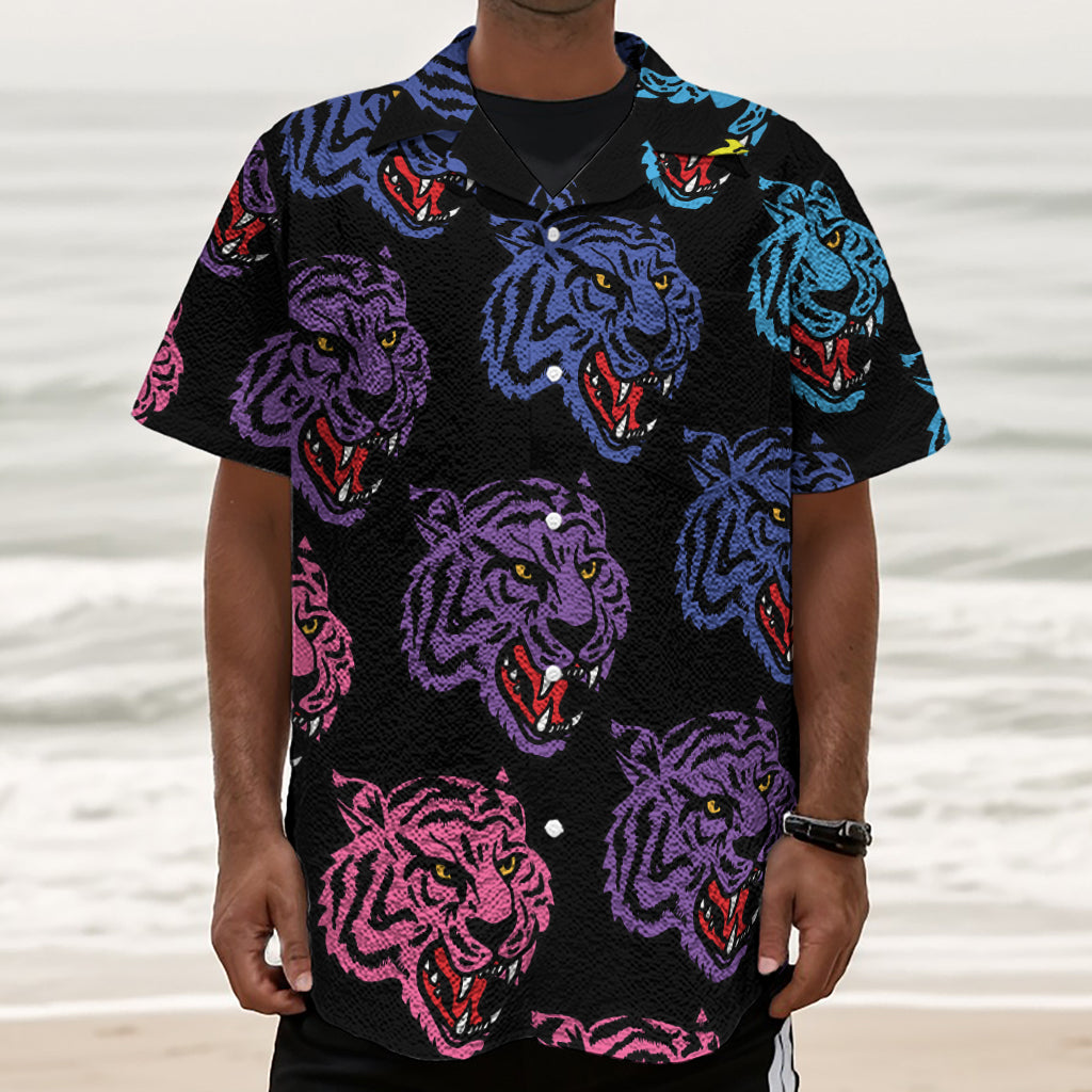 Colorful Tiger Head Pattern Print Textured Short Sleeve Shirt