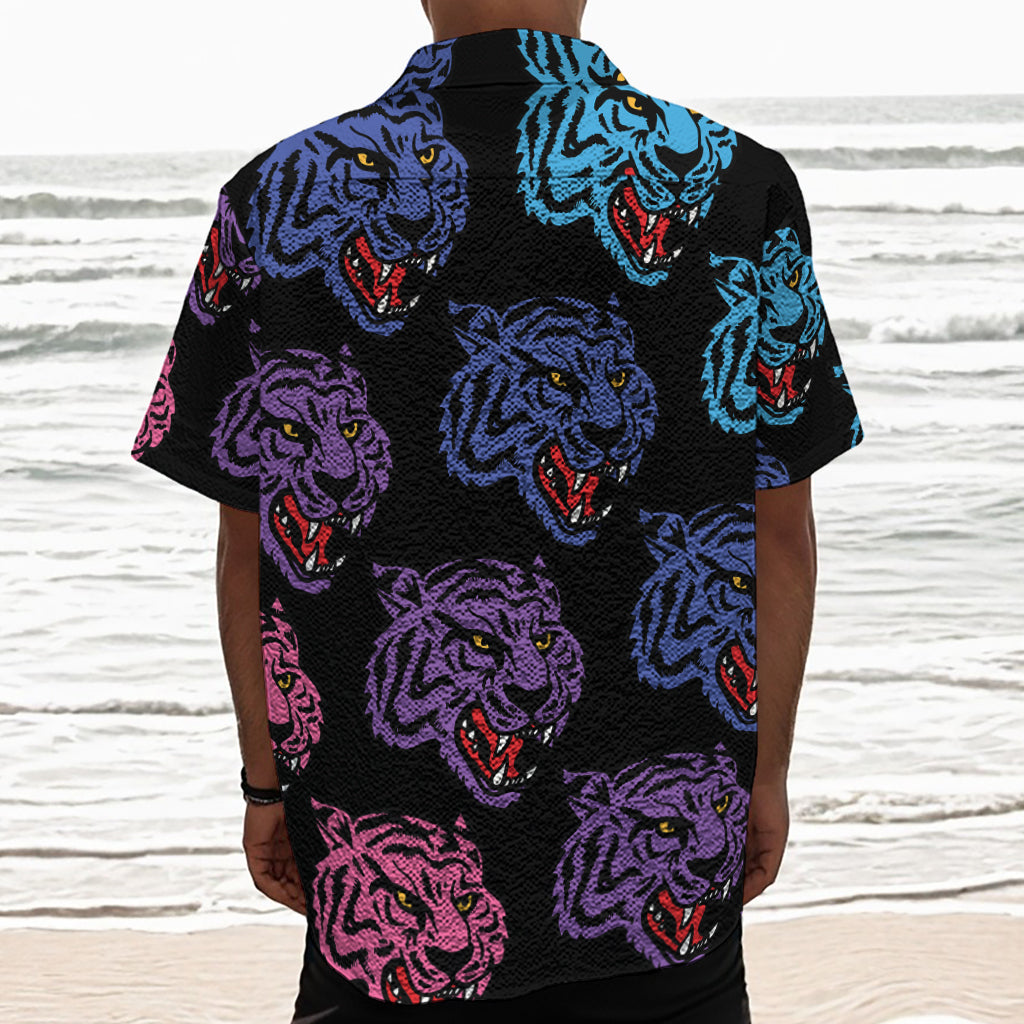 Colorful Tiger Head Pattern Print Textured Short Sleeve Shirt