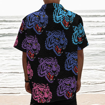Colorful Tiger Head Pattern Print Textured Short Sleeve Shirt