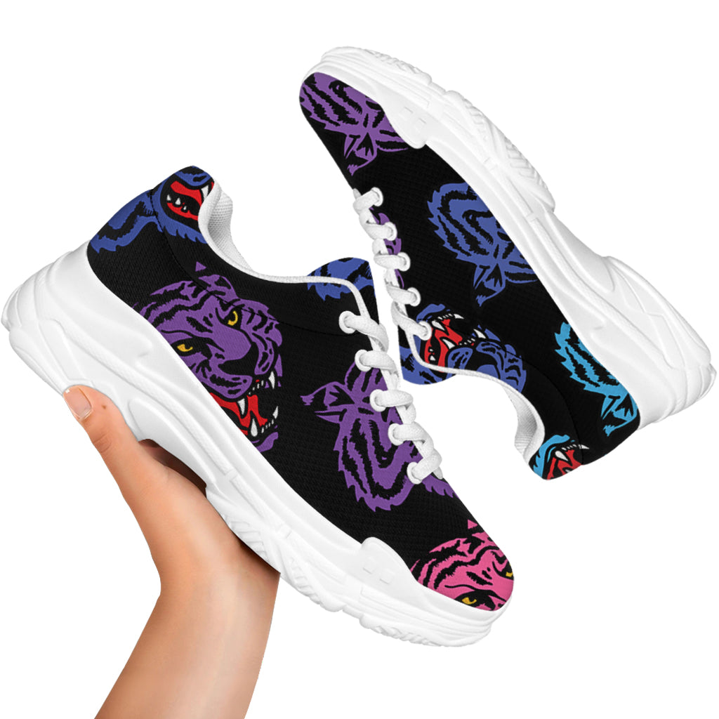 Colorful Tiger Head Pattern Print White Chunky Shoes