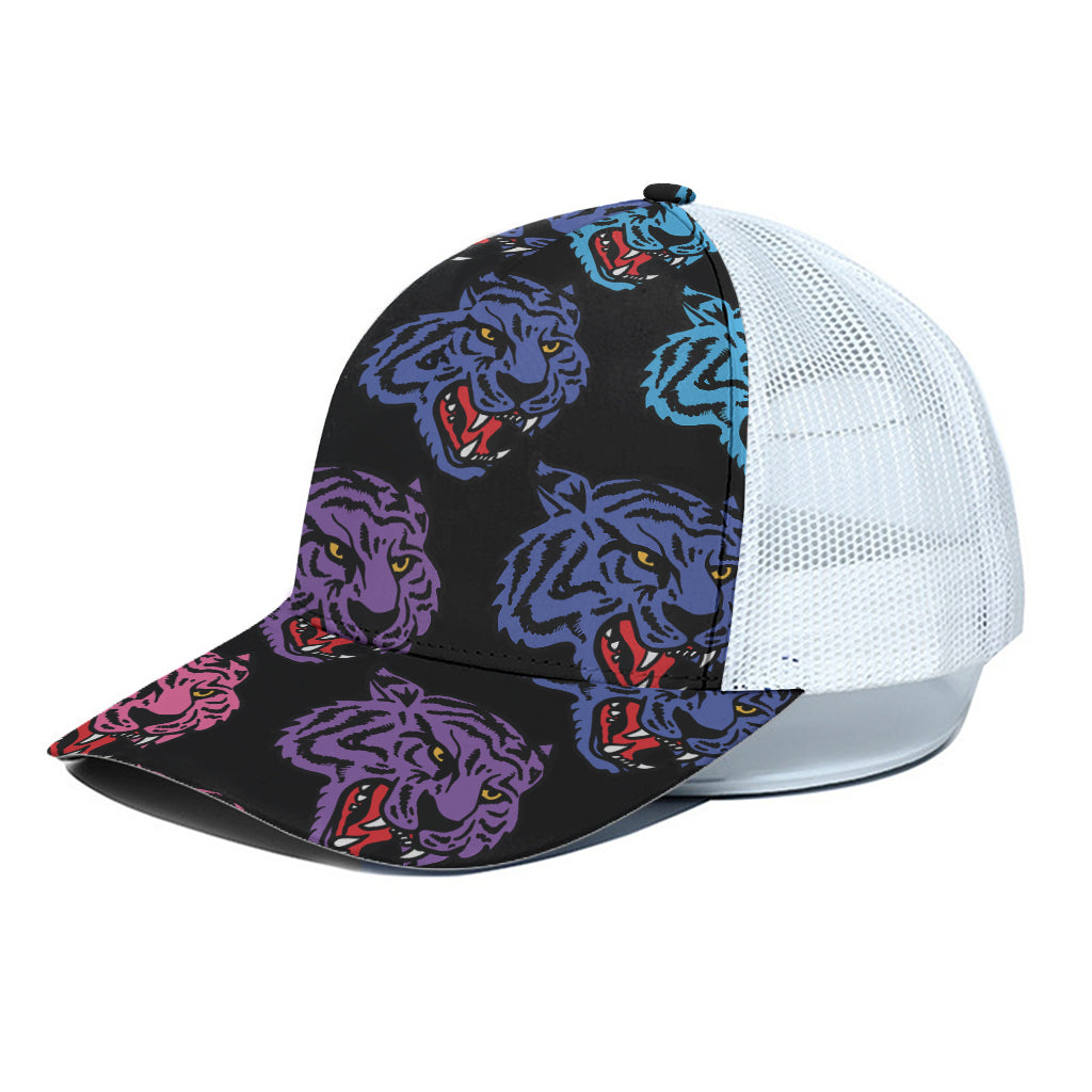 Colorful Tiger Head Pattern Print White Mesh Trucker Cap