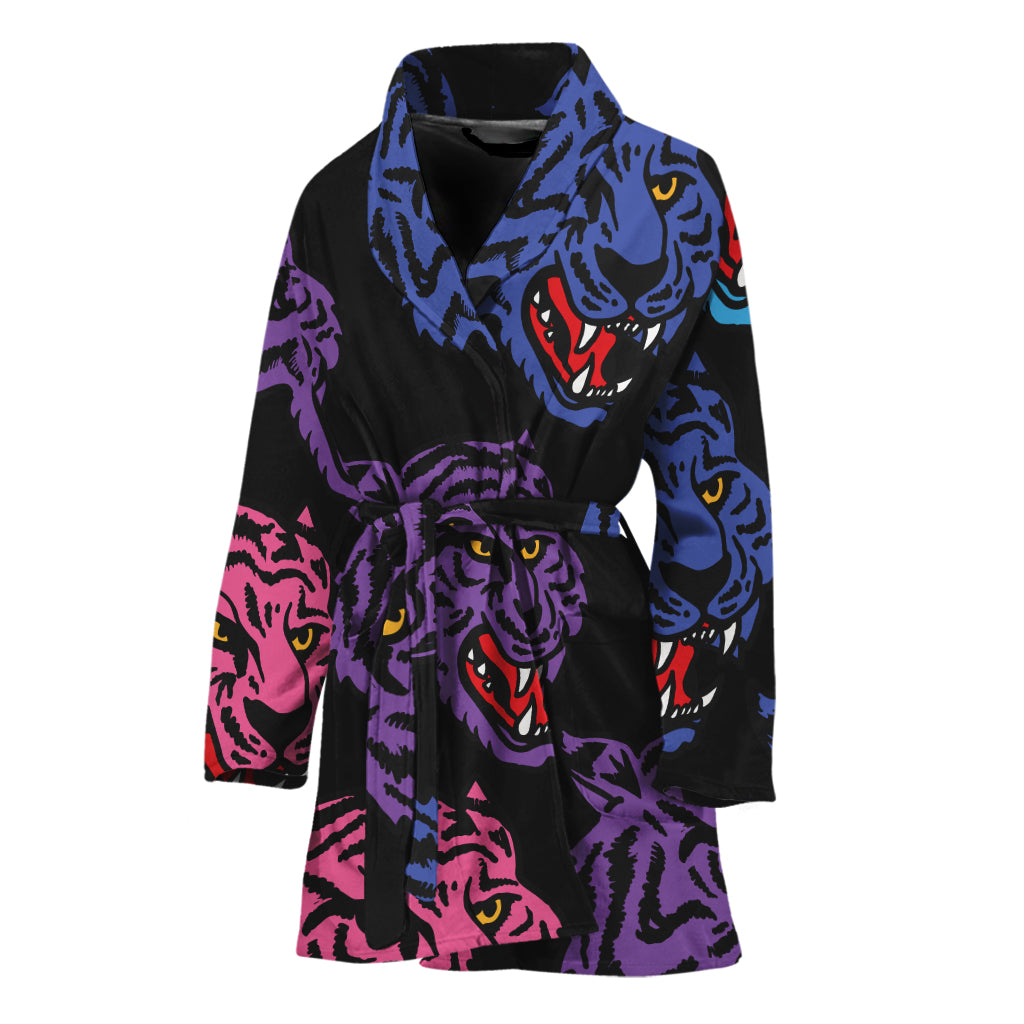 Colorful Tiger Head Pattern Print Women's Bathrobe