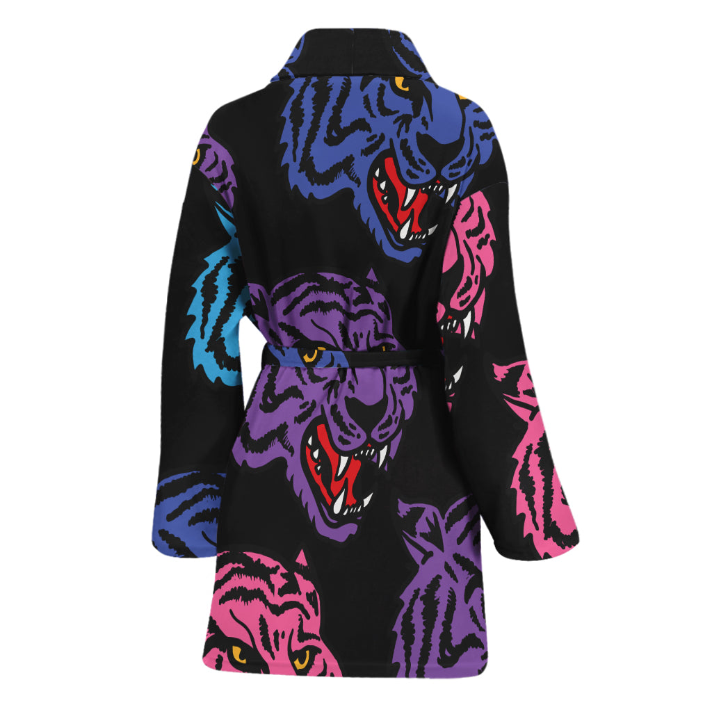 Colorful Tiger Head Pattern Print Women's Bathrobe