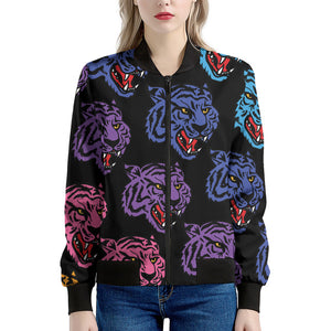 Colorful Tiger Head Pattern Print Women's Bomber Jacket