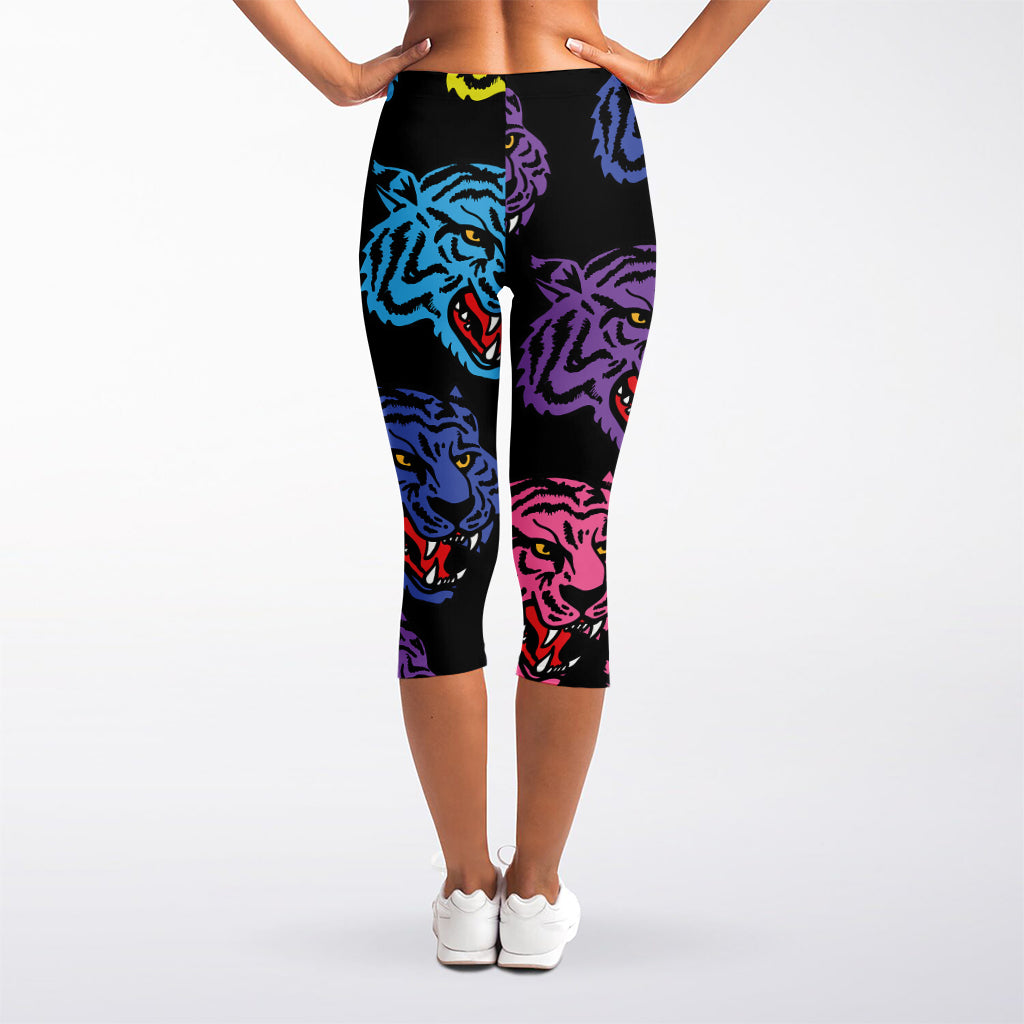 Colorful Tiger Head Pattern Print Women's Capri Leggings