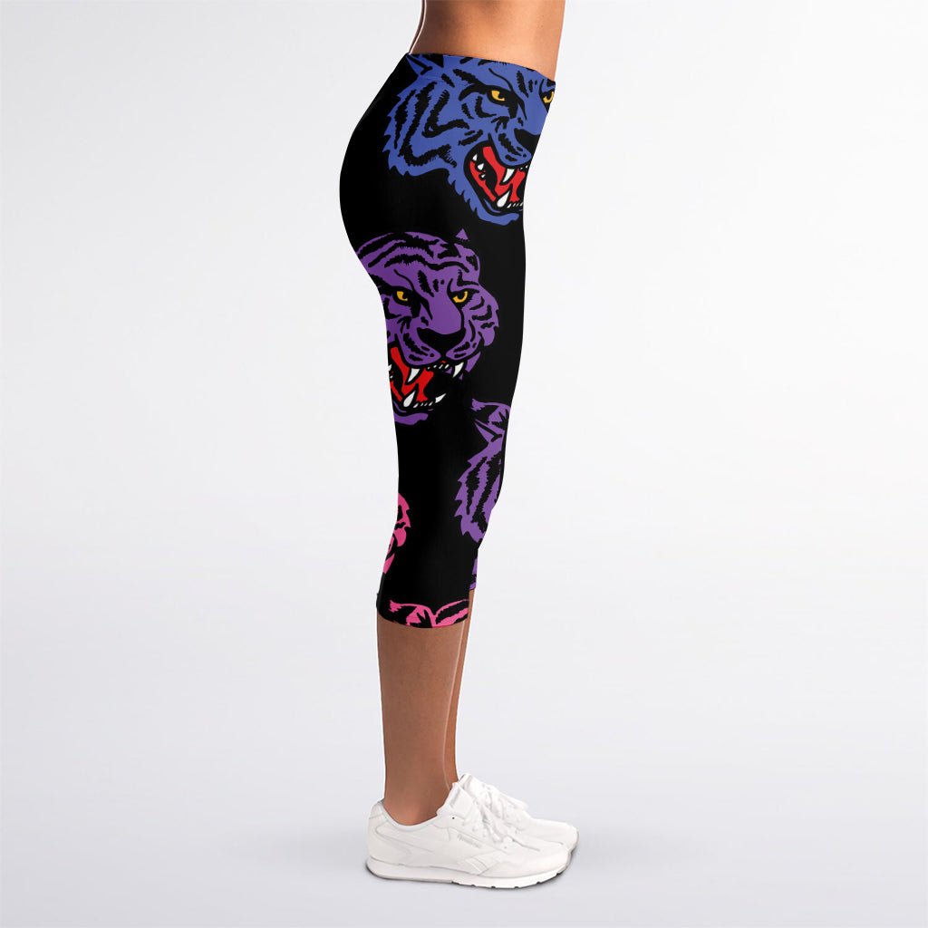 Colorful Tiger Head Pattern Print Women's Capri Leggings