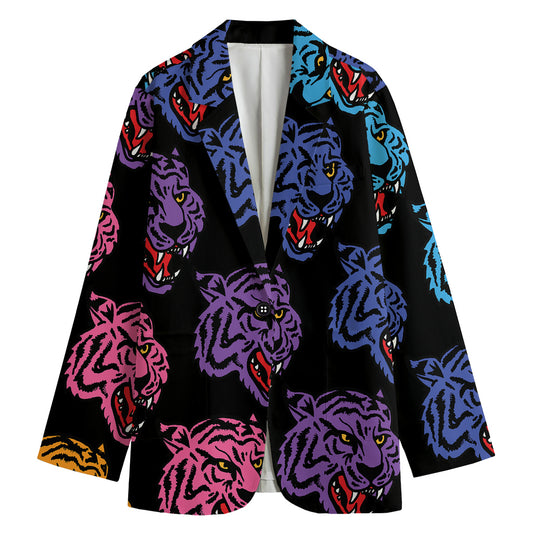 Colorful Tiger Head Pattern Print Women's Cotton Blazer