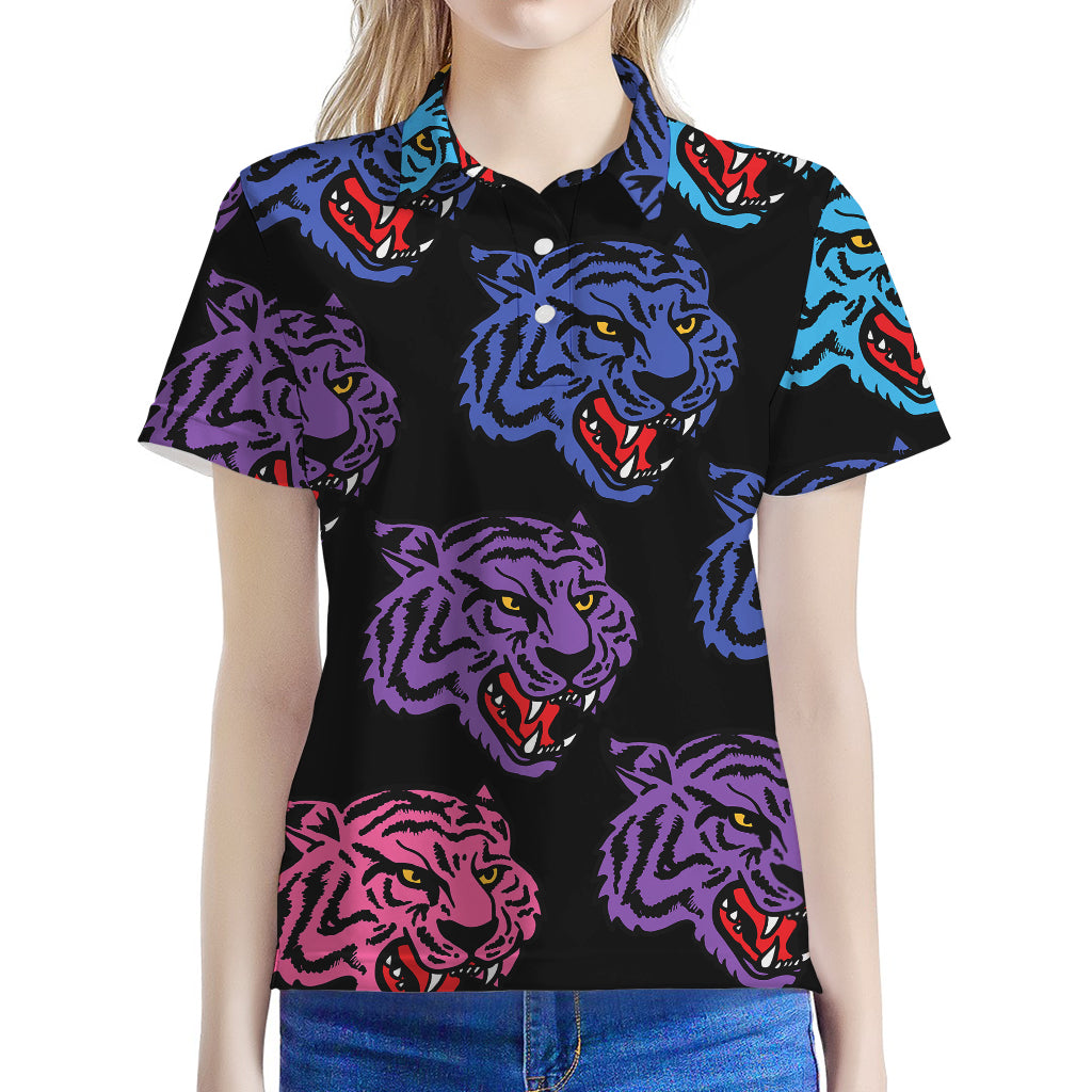 Colorful Tiger Head Pattern Print Women's Polo Shirt