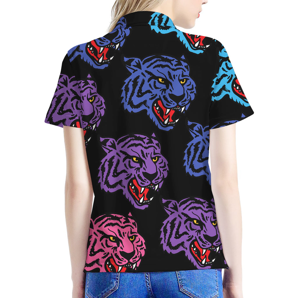 Colorful Tiger Head Pattern Print Women's Polo Shirt