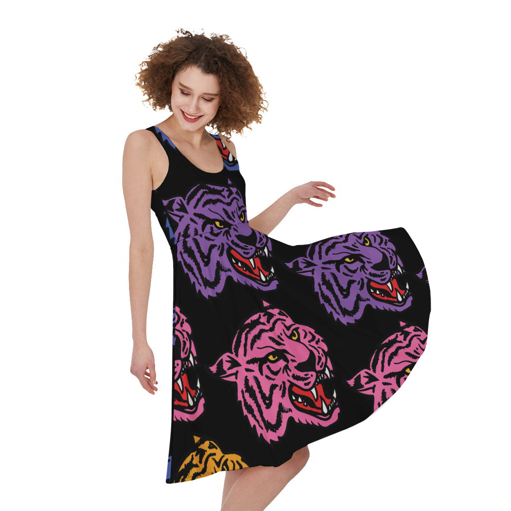 Colorful Tiger Head Pattern Print Women's Sleeveless Dress