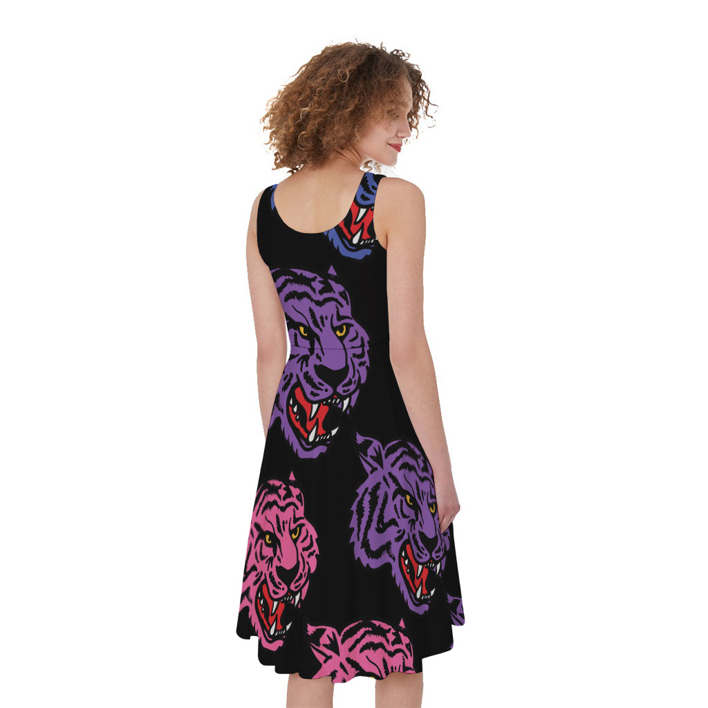 Colorful Tiger Head Pattern Print Women's Sleeveless Dress
