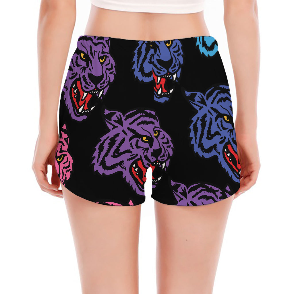 Colorful Tiger Head Pattern Print Women's Split Running Shorts