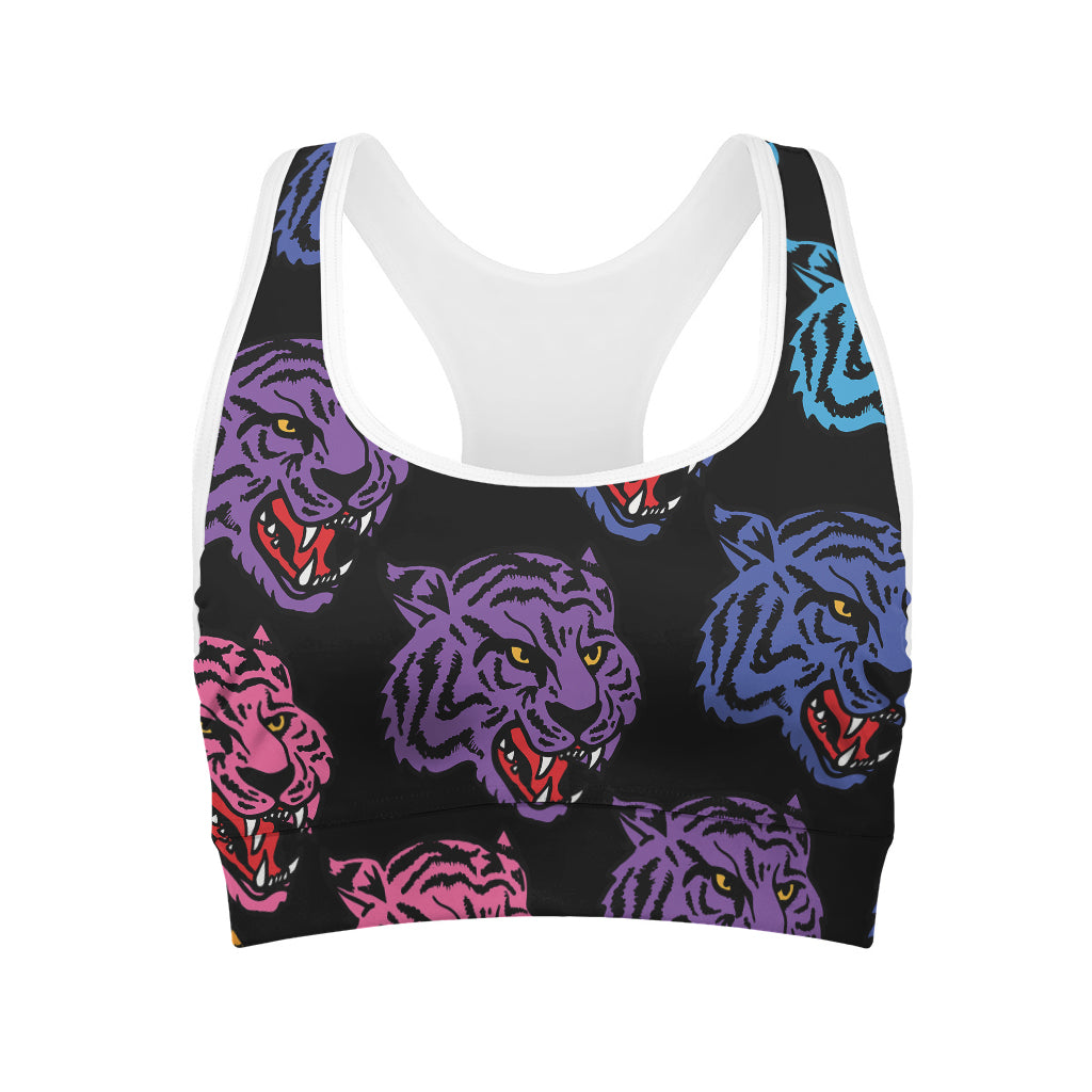 Colorful Tiger Head Pattern Print Women's Sports Bra