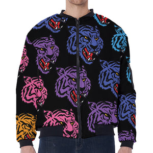 Colorful Tiger Head Pattern Print Zip Sleeve Bomber Jacket