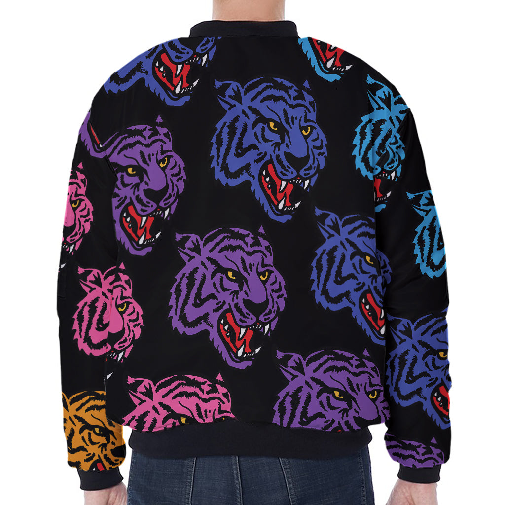 Colorful Tiger Head Pattern Print Zip Sleeve Bomber Jacket