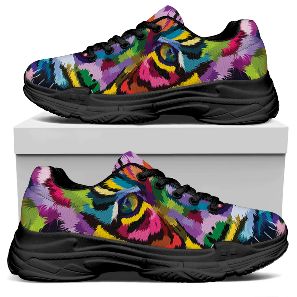 Colorful Tiger Portrait Print Black Chunky Shoes