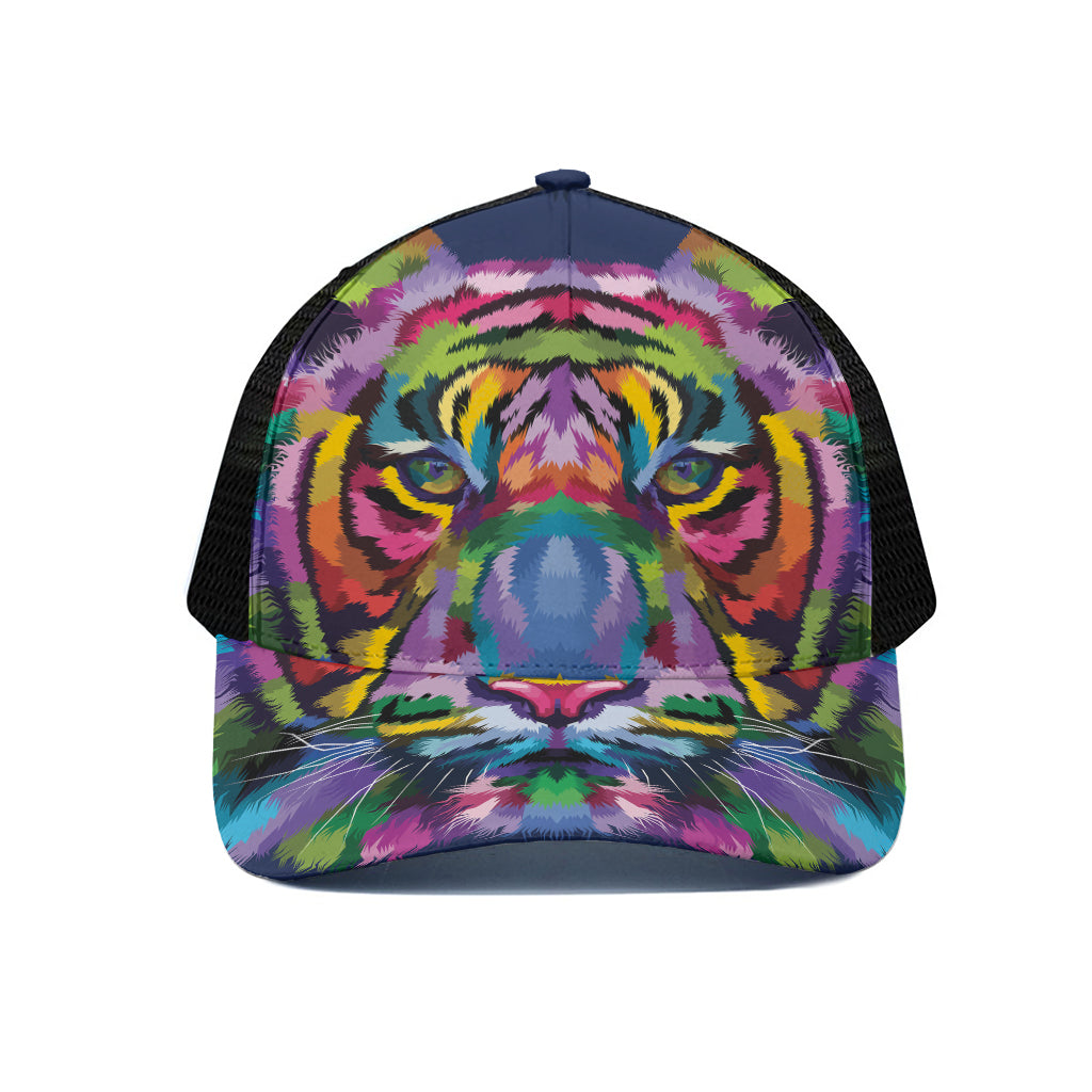 Colorful Tiger Portrait Print Black Mesh Trucker Cap