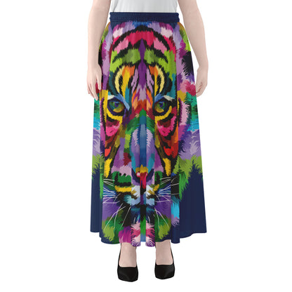 Colorful Tiger Portrait Print Chiffon Maxi Skirt