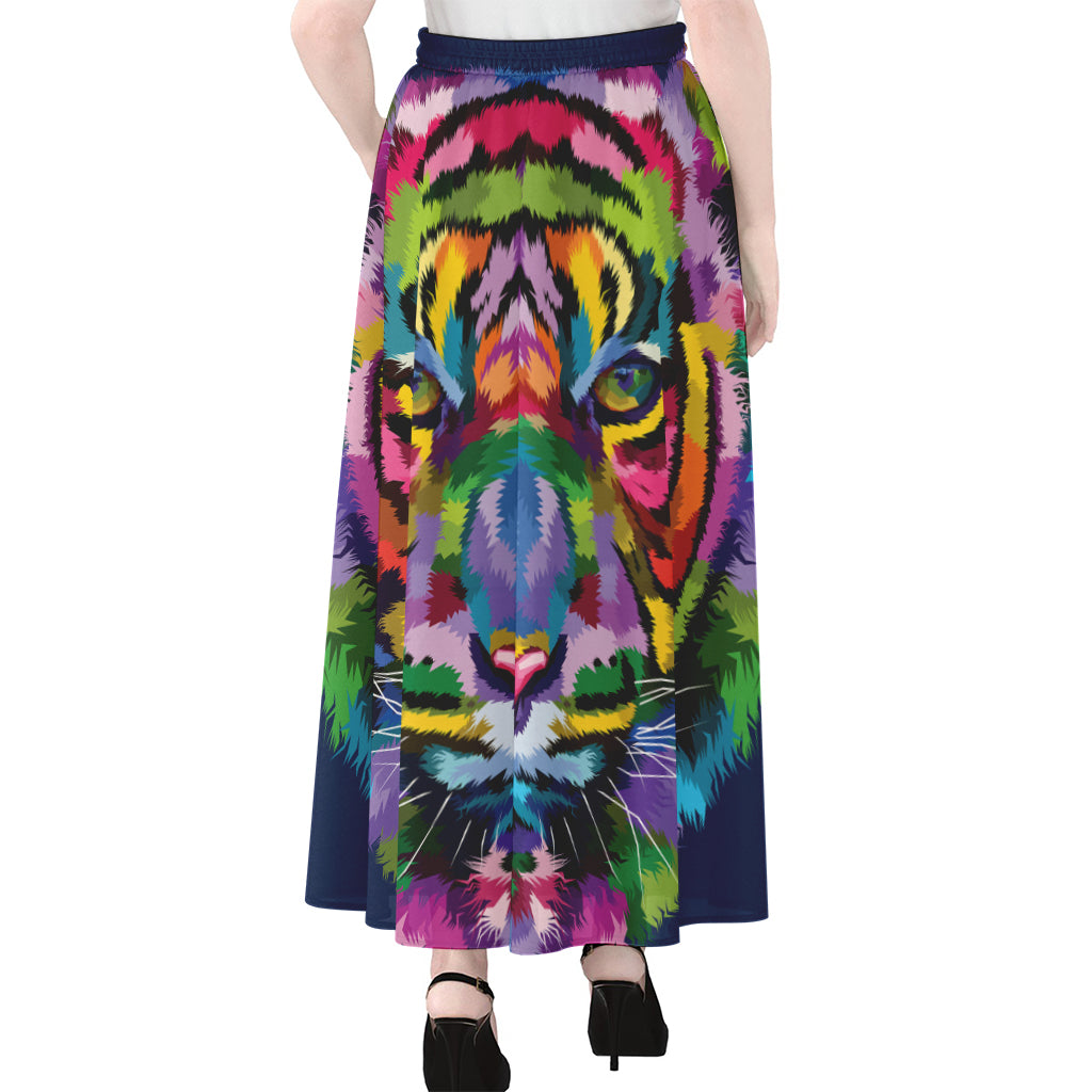 Colorful Tiger Portrait Print Chiffon Maxi Skirt