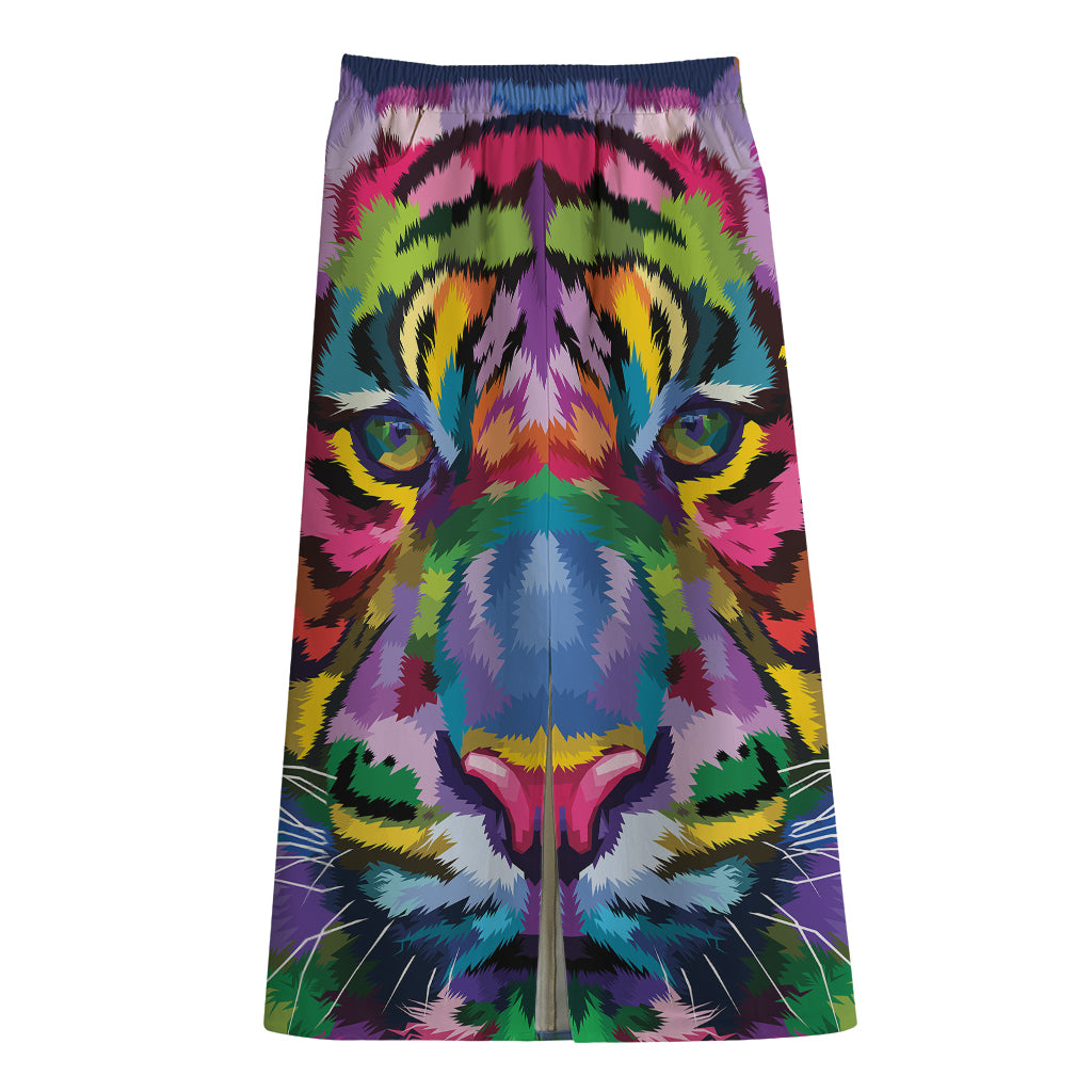 Colorful Tiger Portrait Print Cotton Front Slit Maxi Skirt