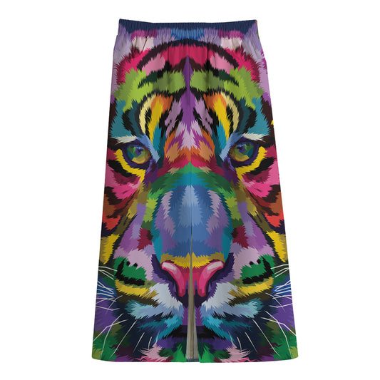 Colorful Tiger Portrait Print Cotton Front Slit Maxi Skirt